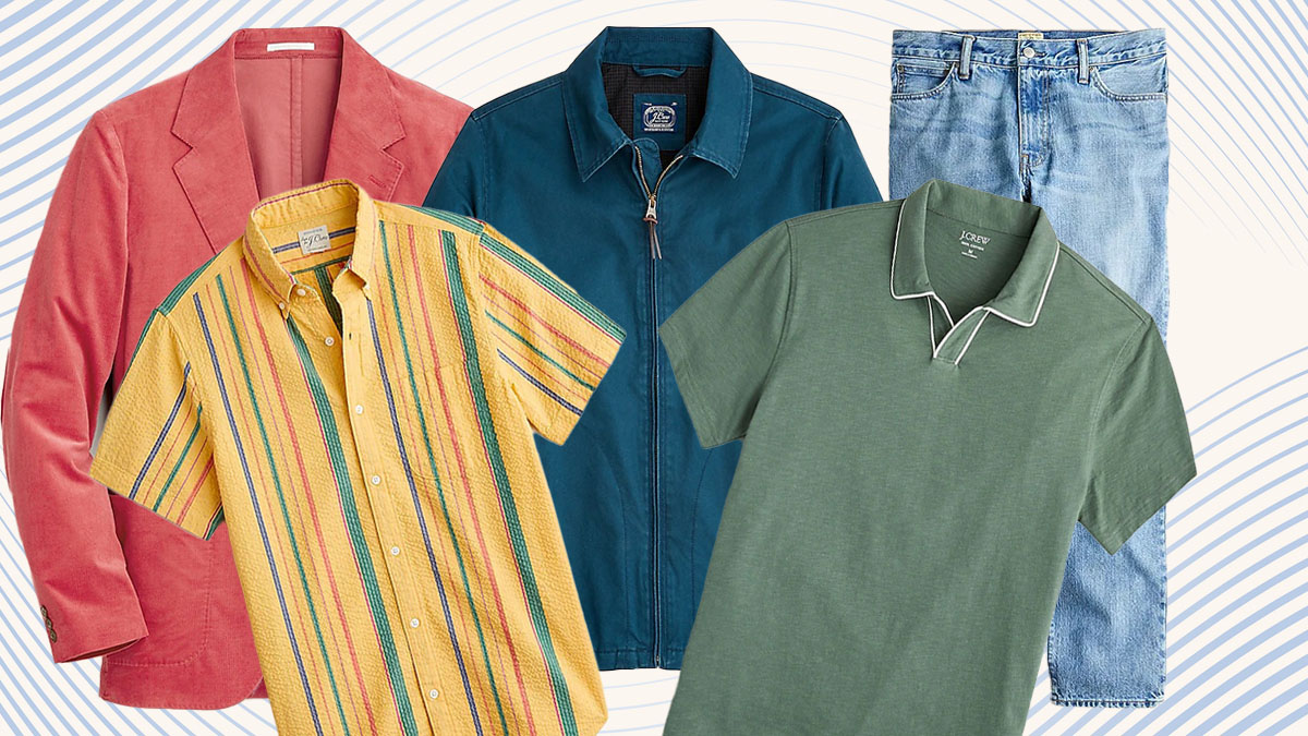 a collage of items from the J.Crew Memorial Day Sale on a striped background