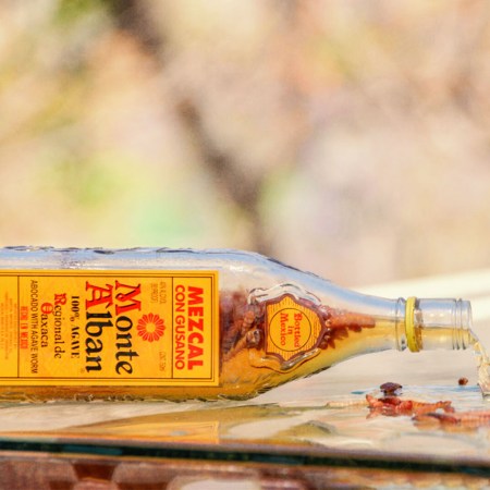 A bottle of mezcal filled with worms