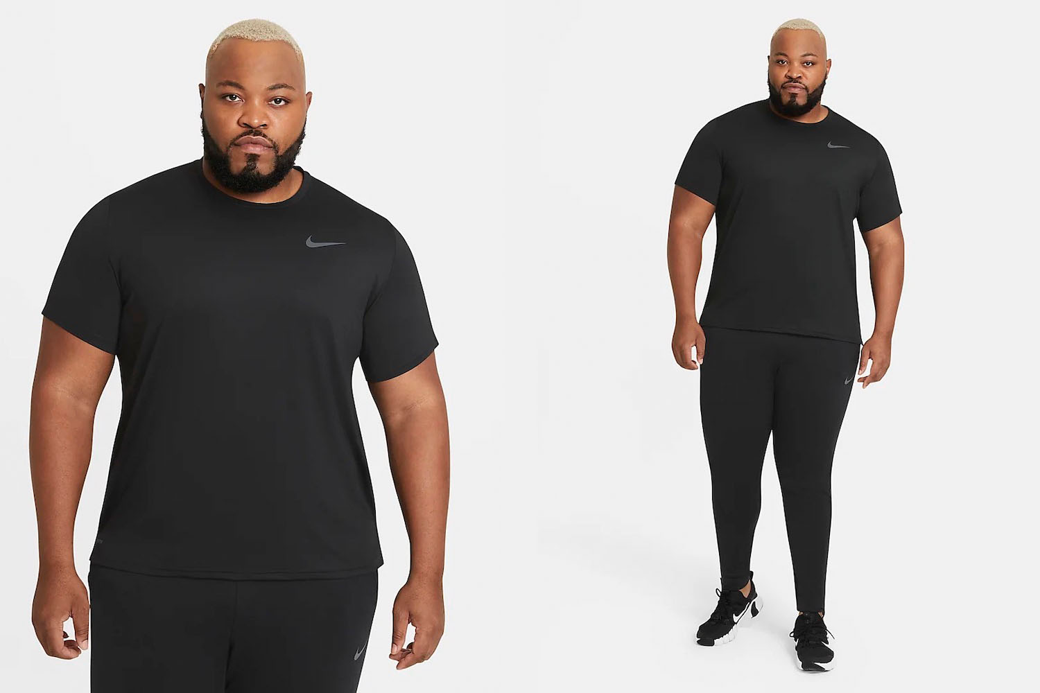 tow model shots of a Nike model in a black Nike Dri-FIT pro shirt on a white background