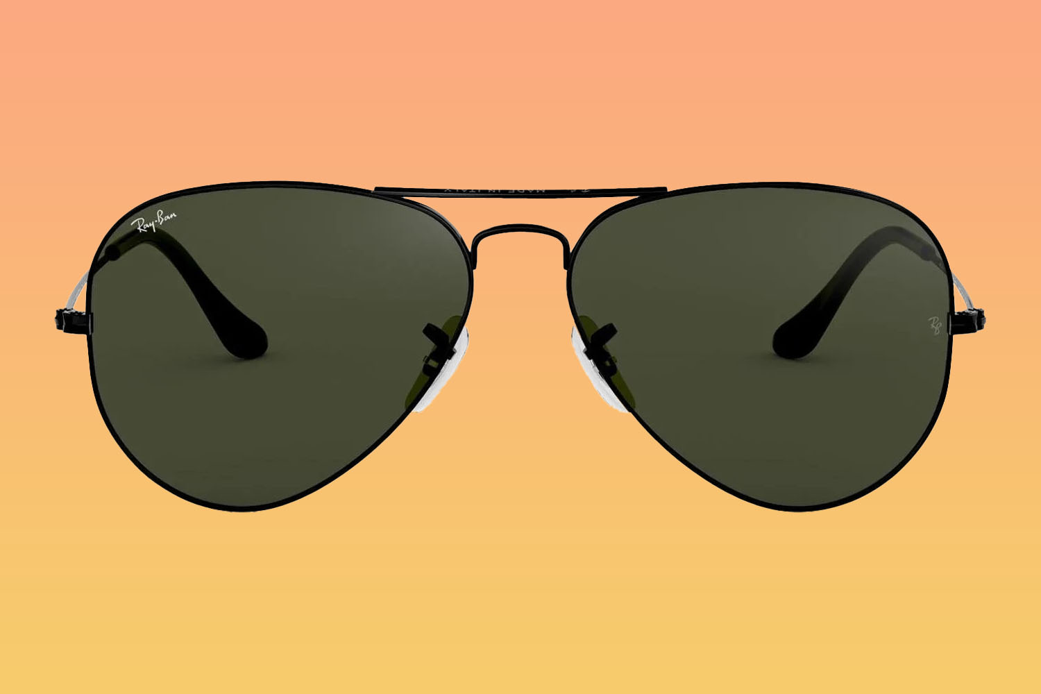 A pair of Ray-Ban sunglasses on a orange-to-yellow gradient background