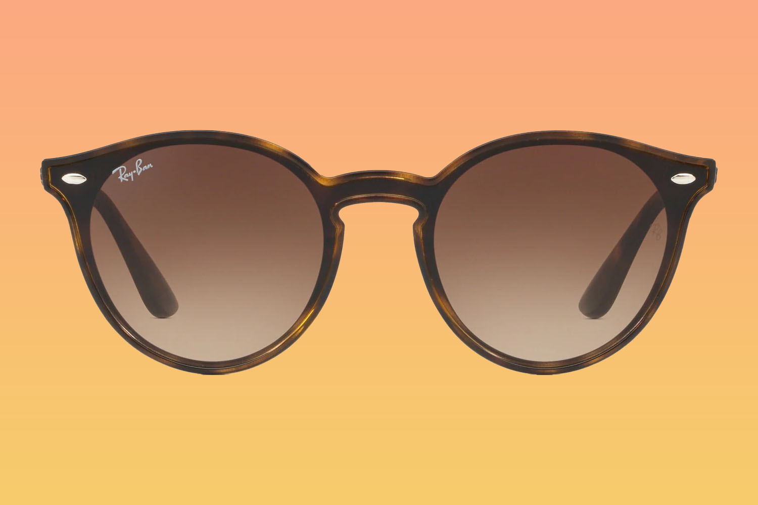 A pair of Ray-Ban sunglasses on a orange-to-yellow gradient background