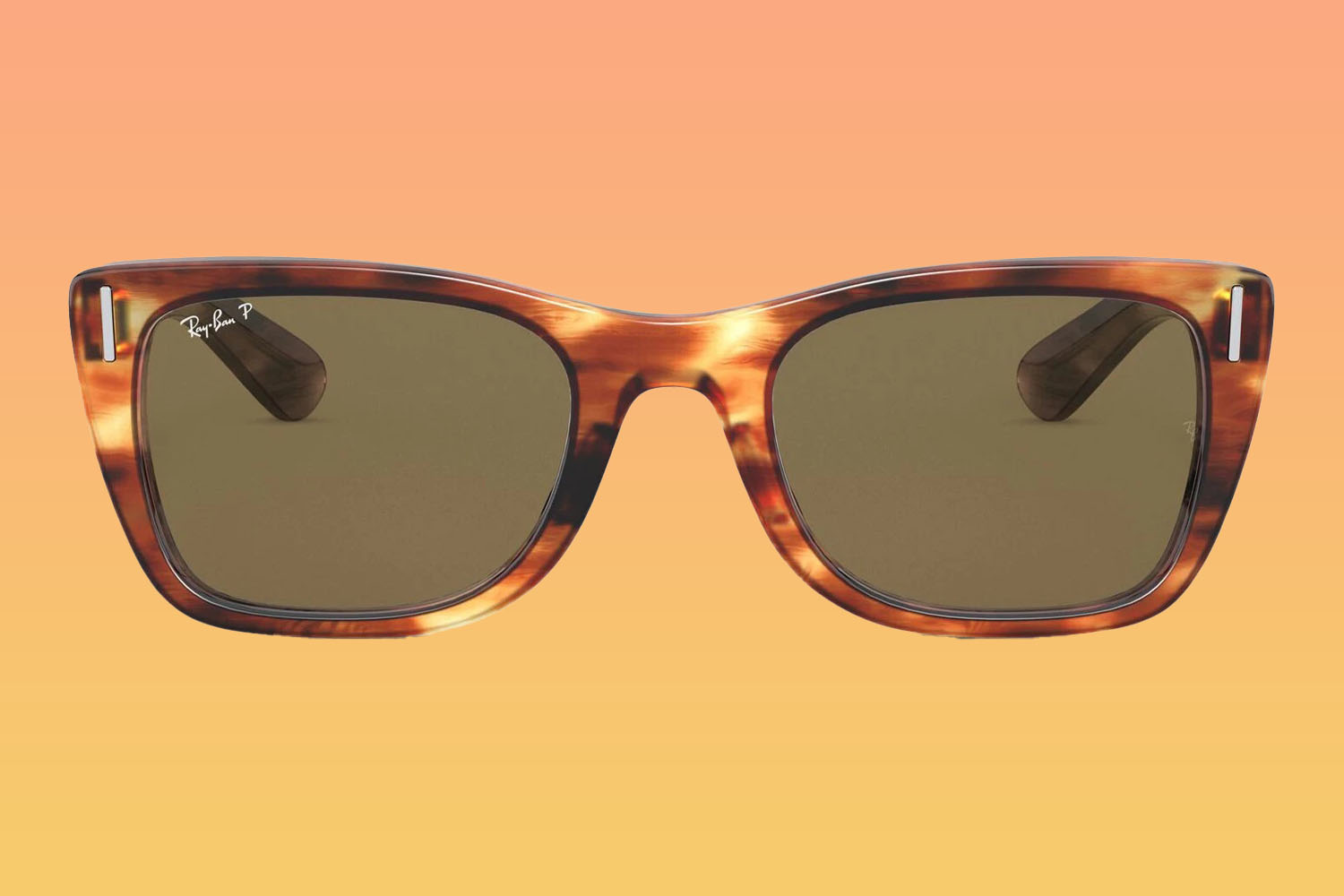 A pair of Ray-Ban sunglasses on a orange-to-yellow gradient background