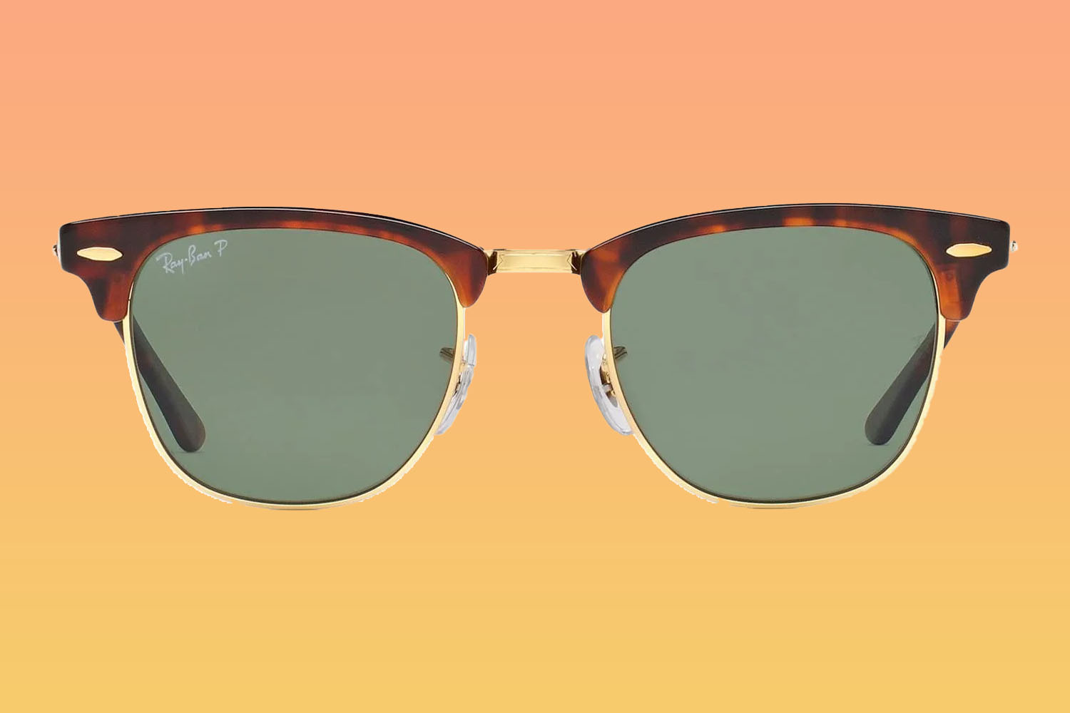 A pair of Ray-Ban sunglasses on a orange-to-yellow gradient background