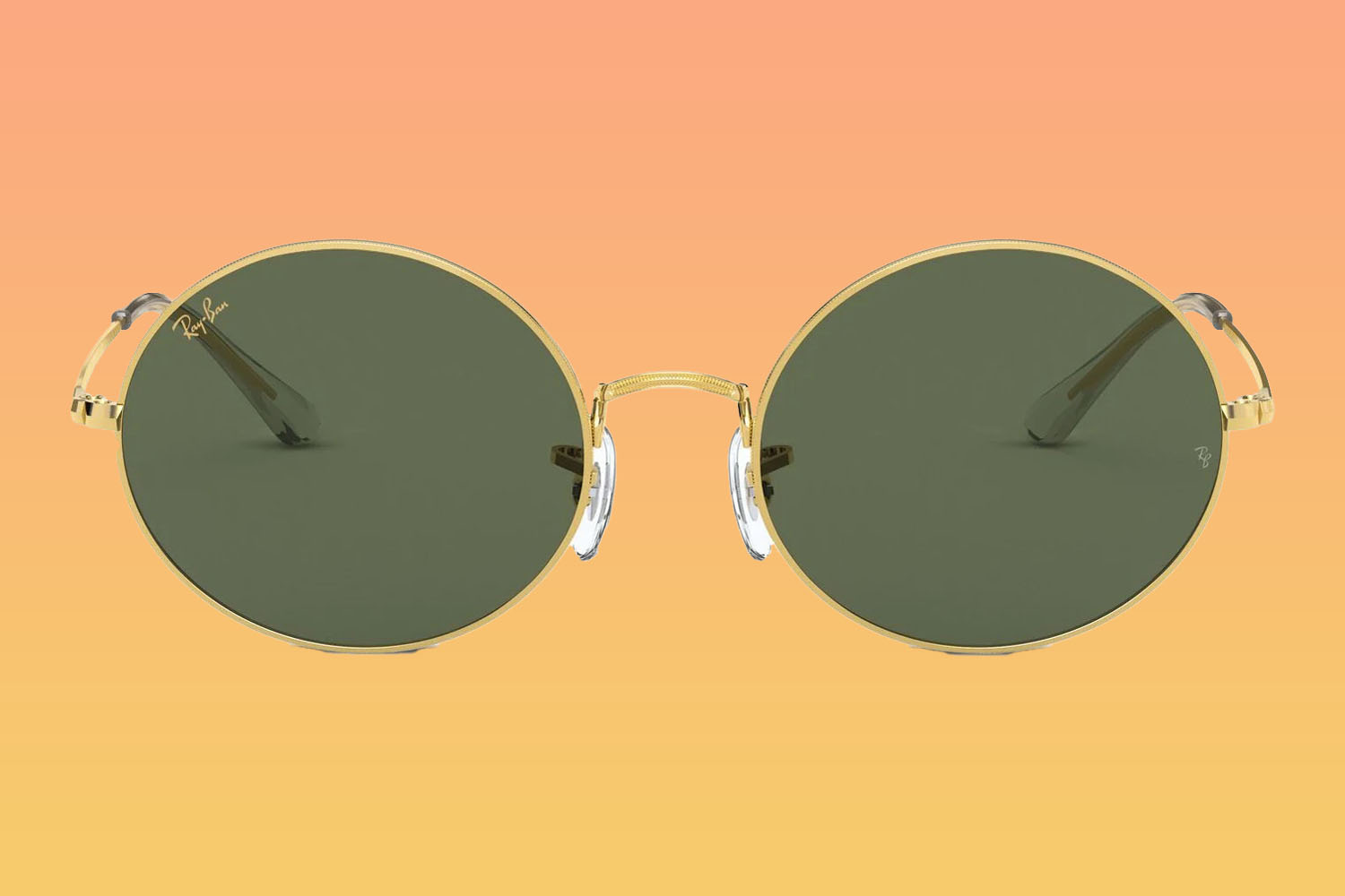 A pair of Ray-Ban sunglasses on a orange-to-yellow gradient background