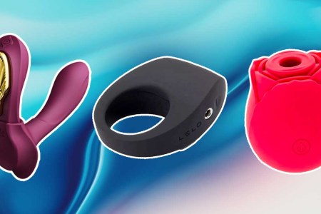 Three sex toys on a blue wavy background.