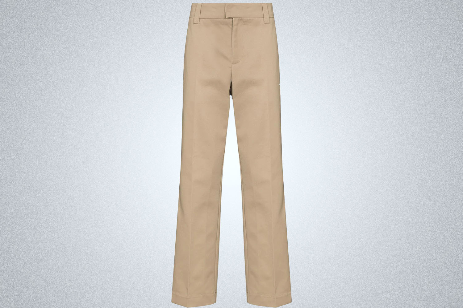 a pair of straight fit tan trousers from soulland on a grey background