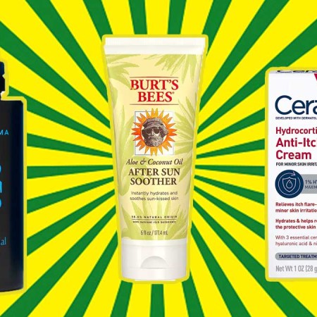 Items to help treat sunburn, according to a Dermatologist, on a green and yellow background