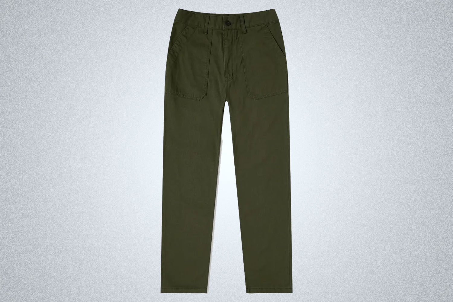 A pair of green fatigue pants from End. Clothing on a grey background