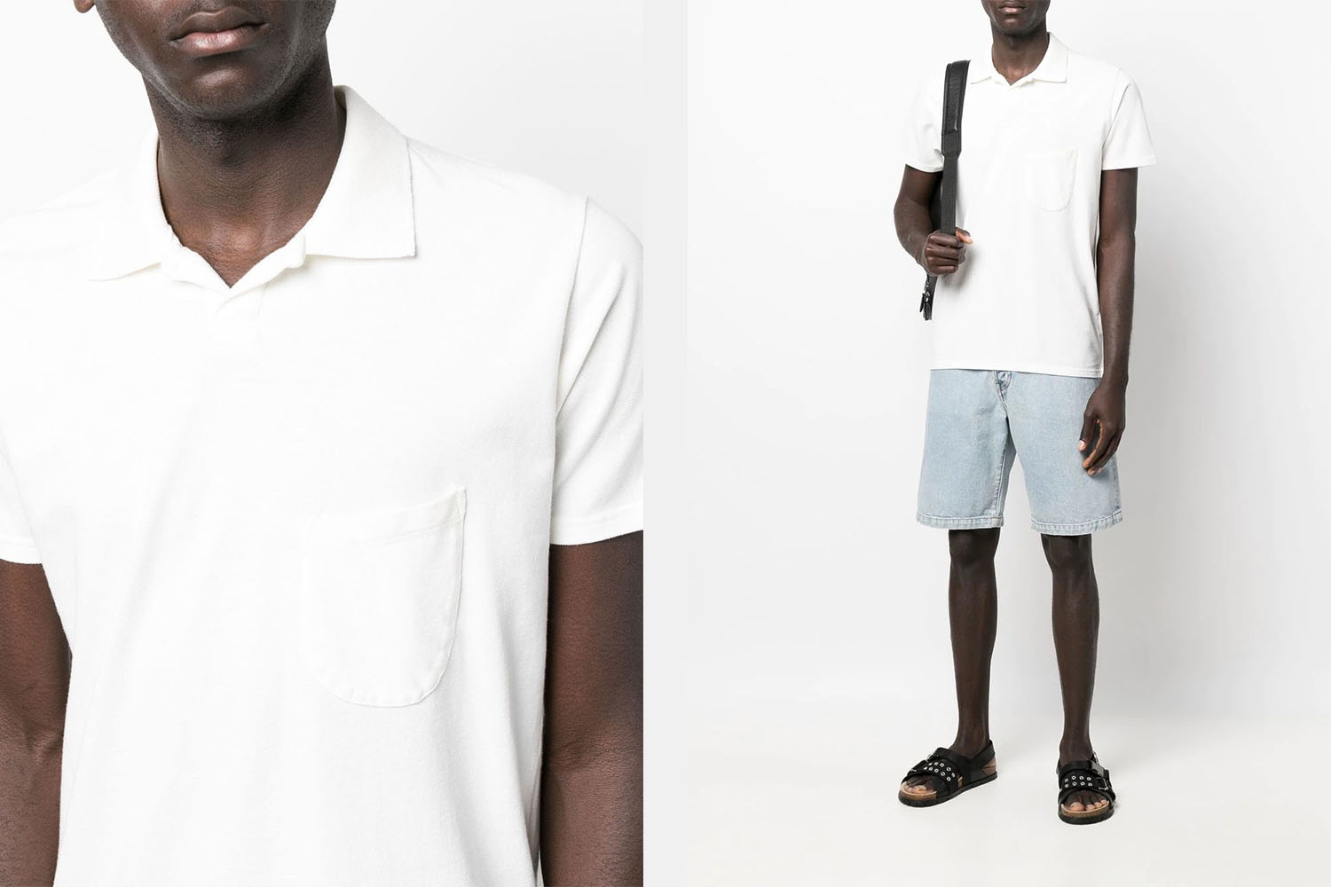 a model in a white Unviersal Works polo on a white background