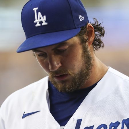 Trevor Bauer of the Los Angeles Dodgers returns to the dugout in 2021