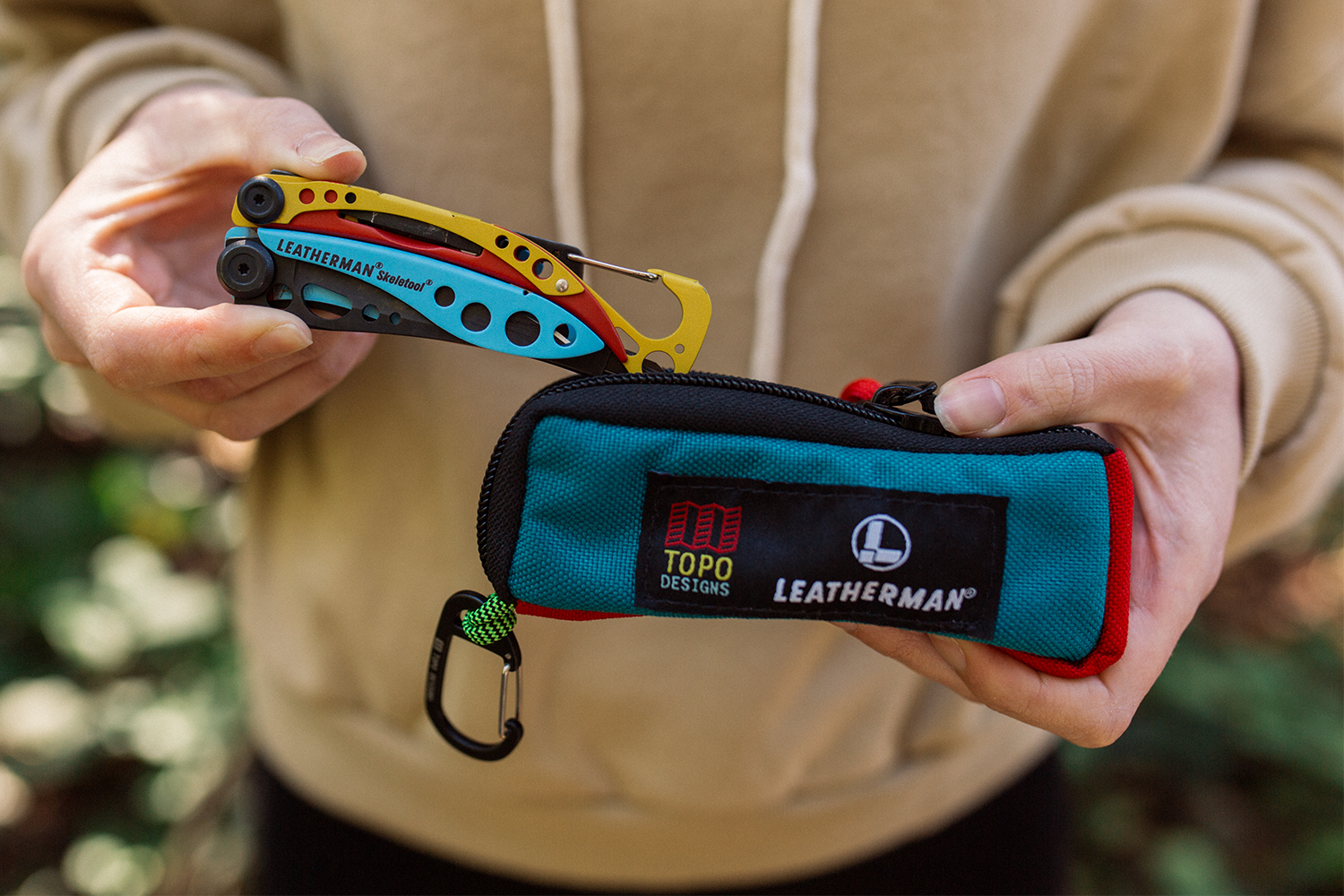 The Topo Designs Skeletool from Leatherman, a pliers-based multitool featuring a custom nylon sheath from the outdoor brand