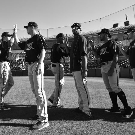 Lake Elsinore Storm players gather before a game vs the Lancaster JetHawks at The Hangar