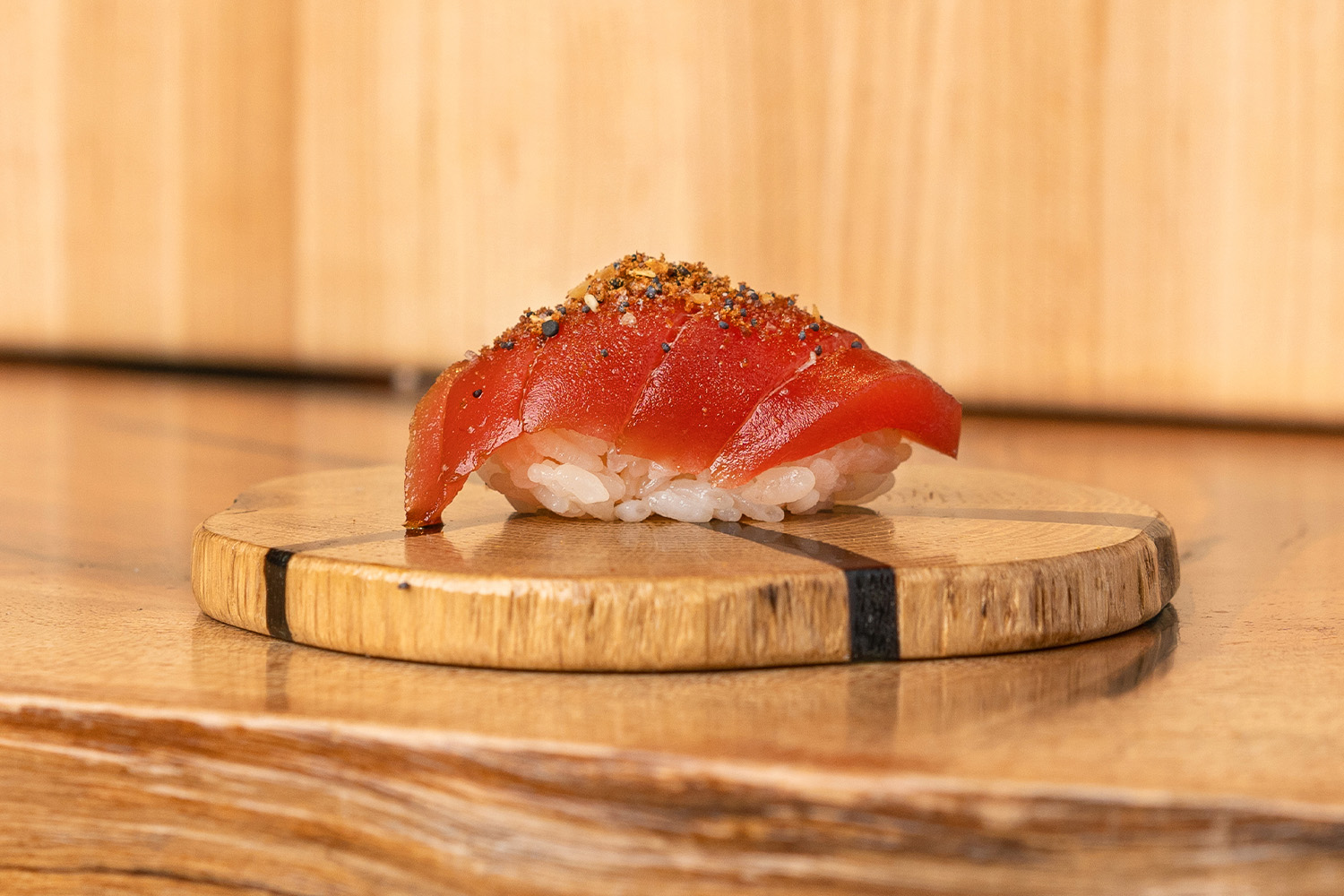 Blue Fin, red miso, Everything bagel spice, fresh wasabi, house made 'nikiri' soy