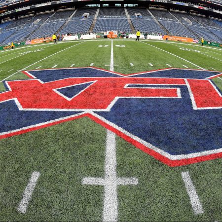 Seattle's CenturyLink Field with the XFL logo at midfield after a 2020 game