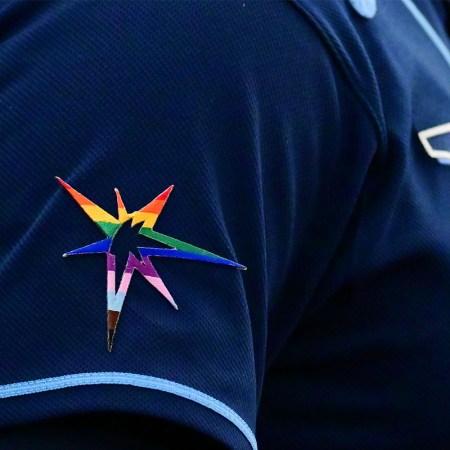 A Pride patch on a Tampa Bay Rays jersey sleeve.