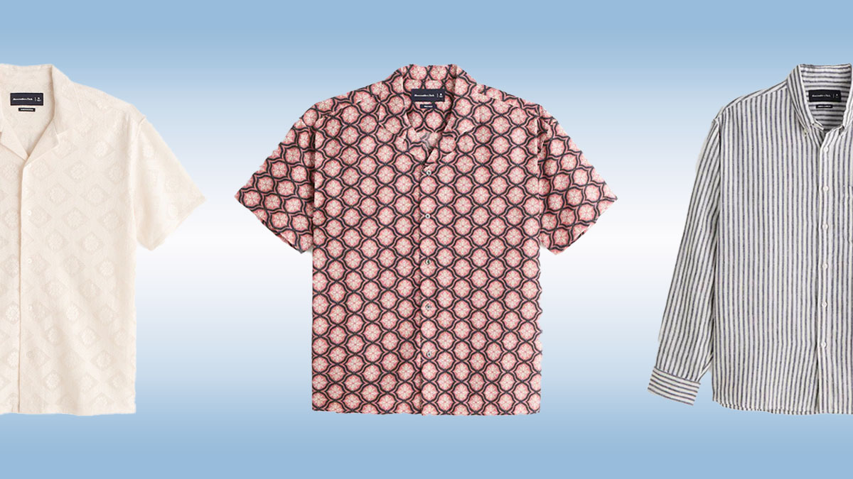 a collage of summery Abercrombie & Fitch shirts on a gradient background