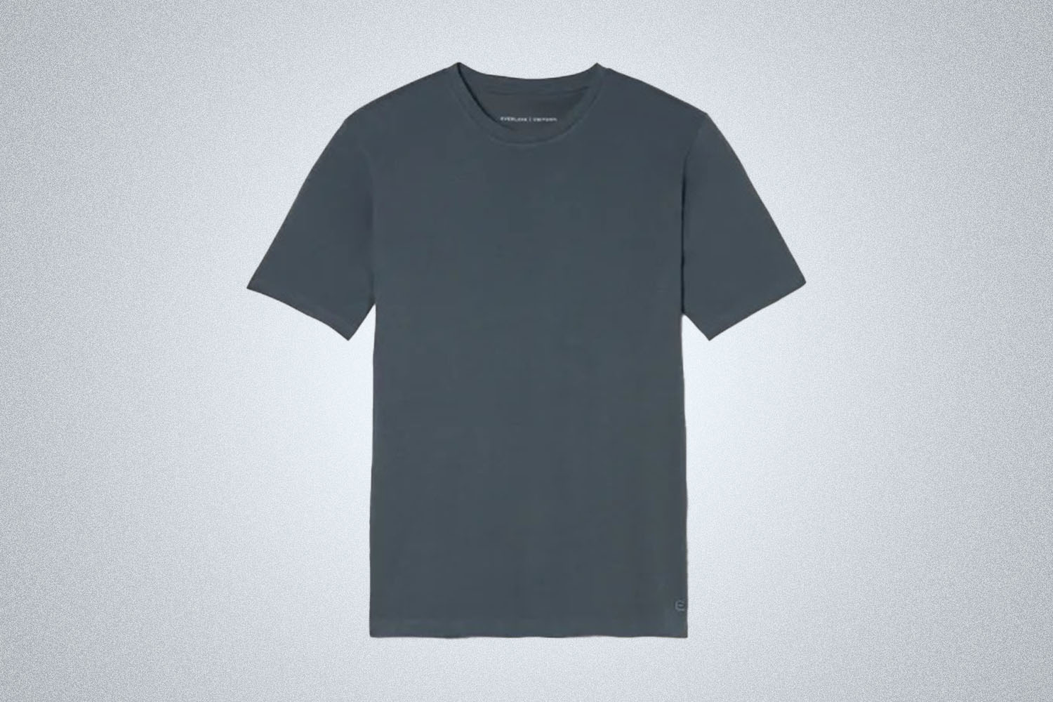 a grey short sleeve crew neck cotton tee from Everlane on a grey background