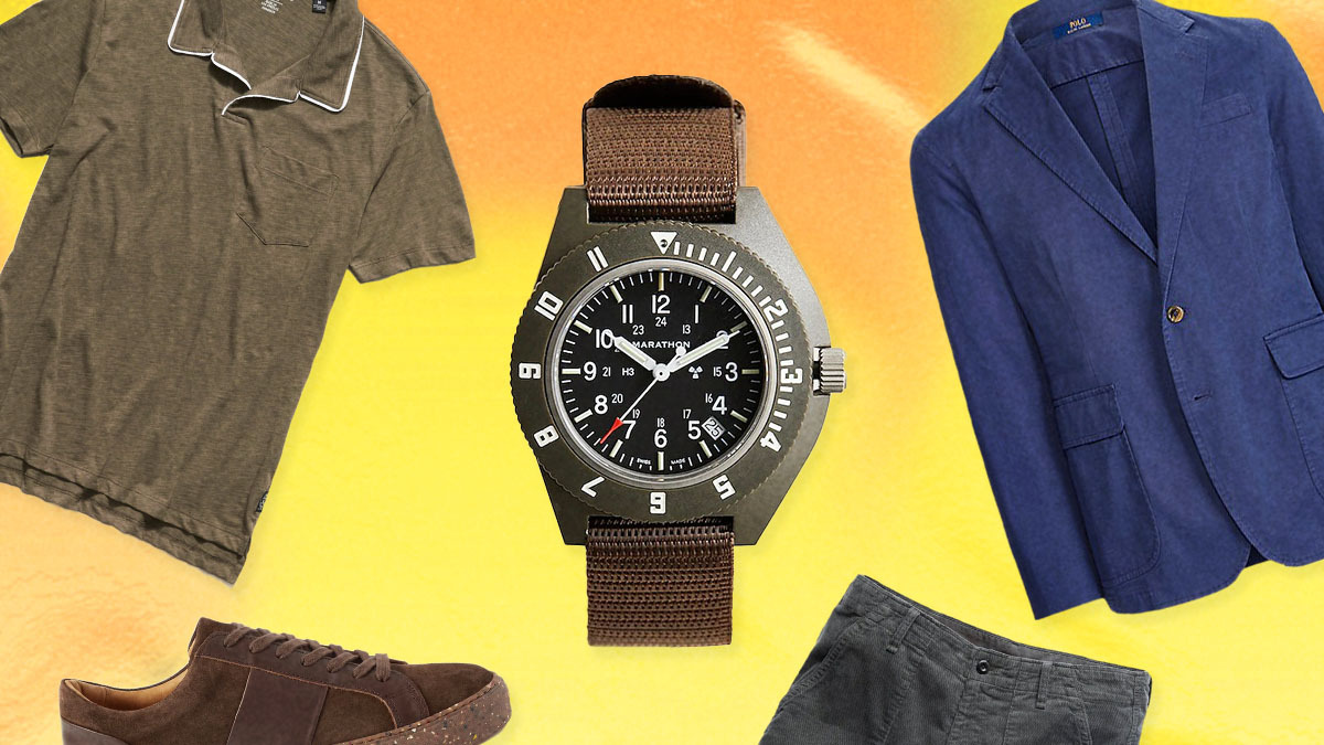 a collage of items from the stylish father's day gift guide on a orange background