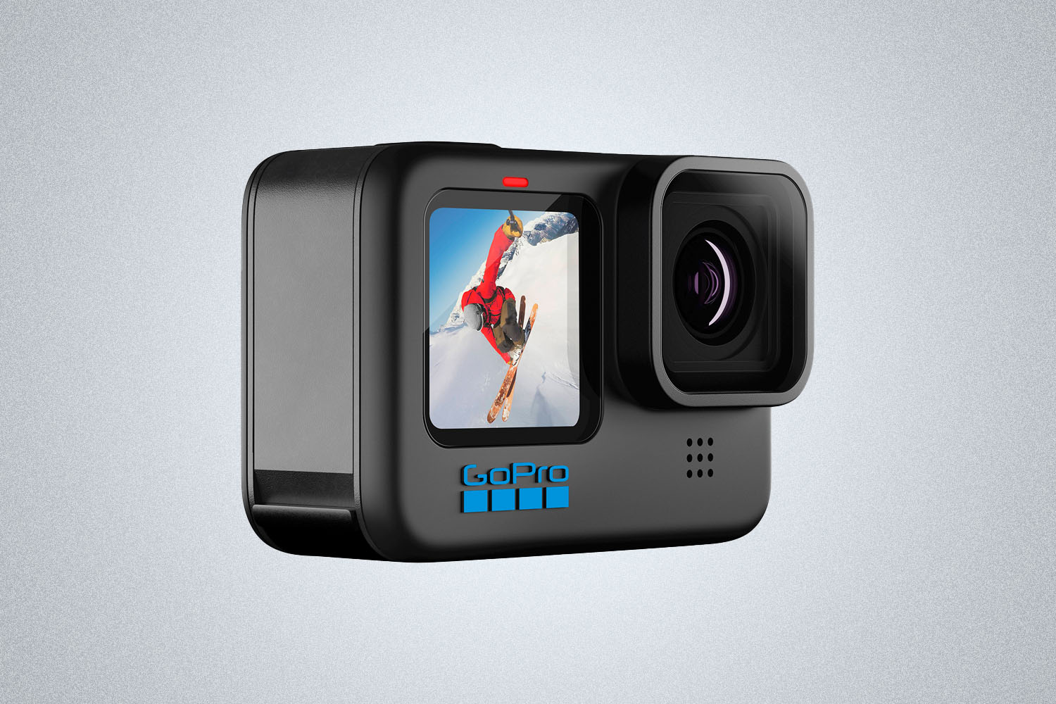 a black square video camera from GoPro on a grey background