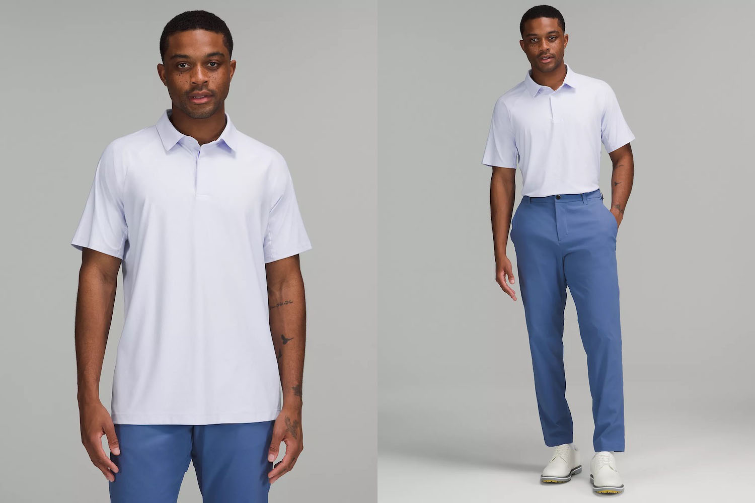 two model shots of a lululemon golf polo