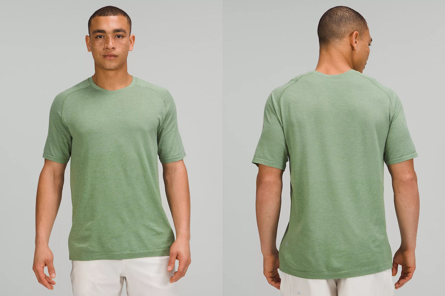 two model shots of a green lululemon tee