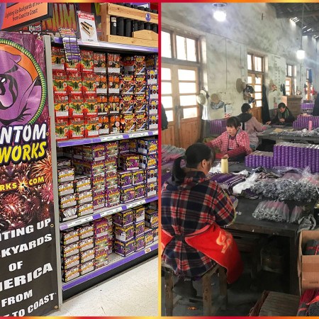 Shelves at a Phantom Fireworks store on the left side. On the right side, a fireworks factory in China.