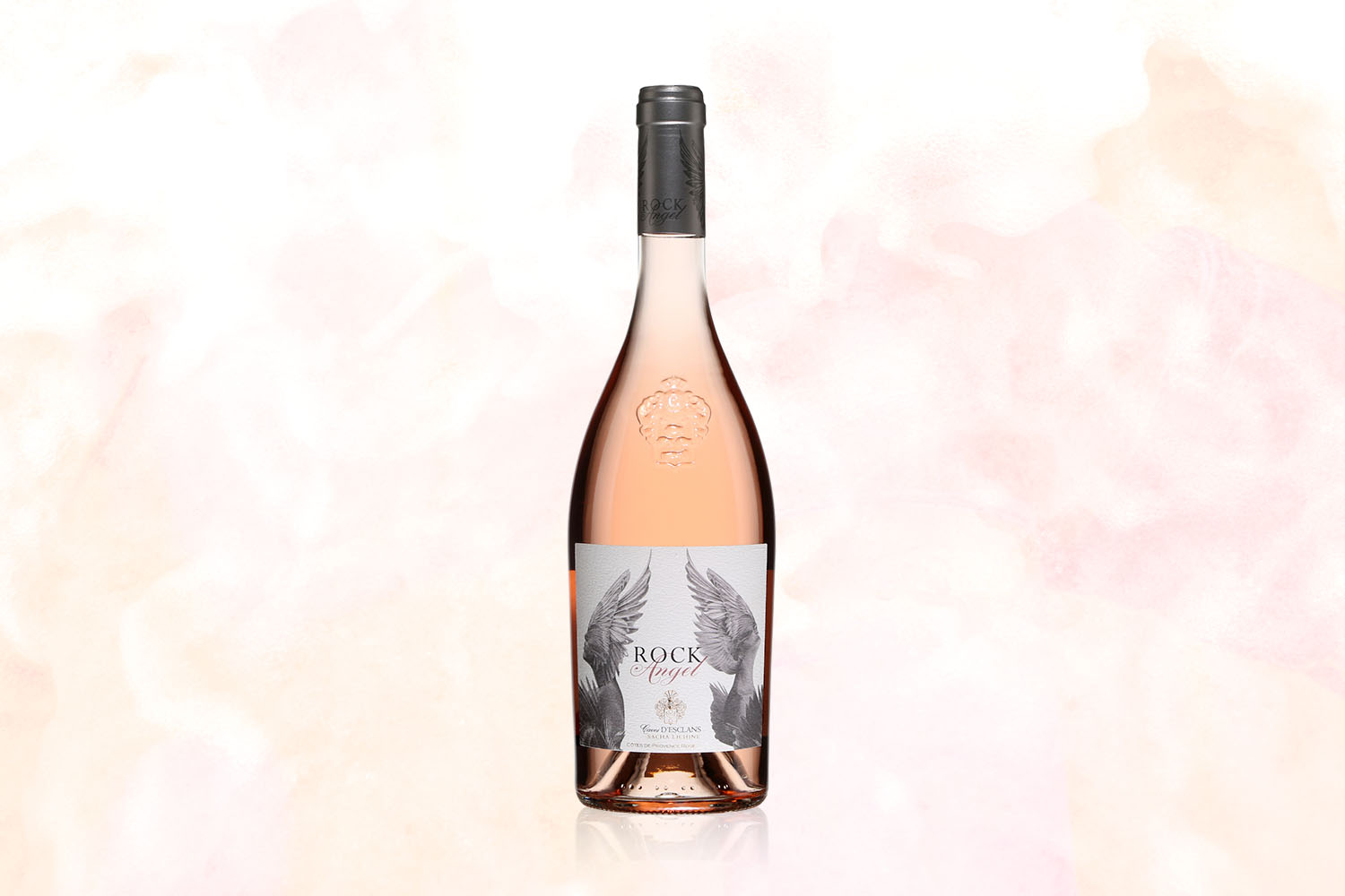 A bottle of Rock Angel Rosé on a pale pink background