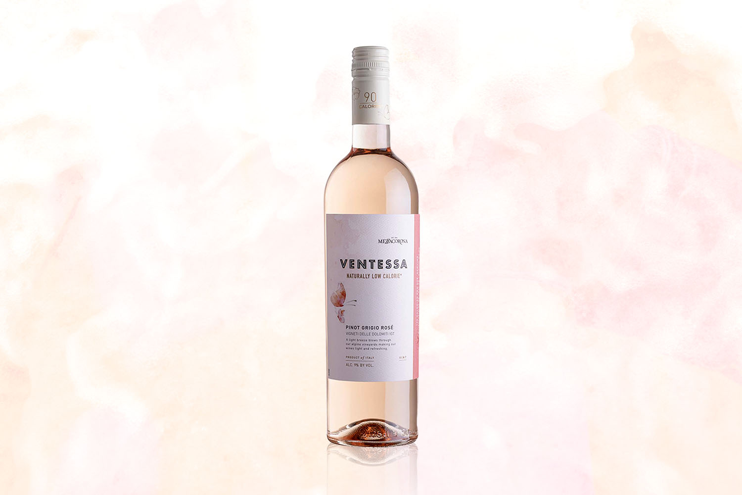 A bottle of Ventessa Pinot Grigio Rosé on a pale pink background