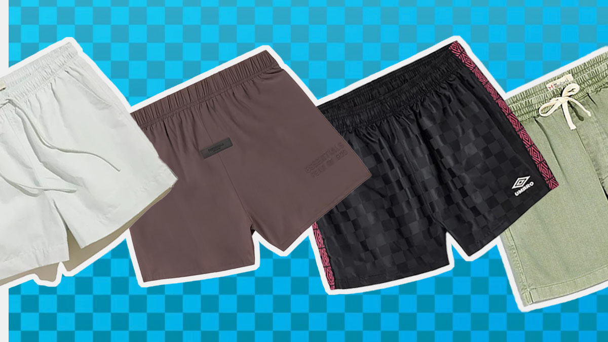 a collage of 5" shorts on a checked blue background