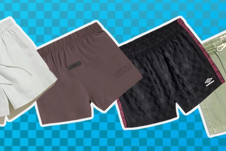 a collage of 5" shorts on a checked blue background