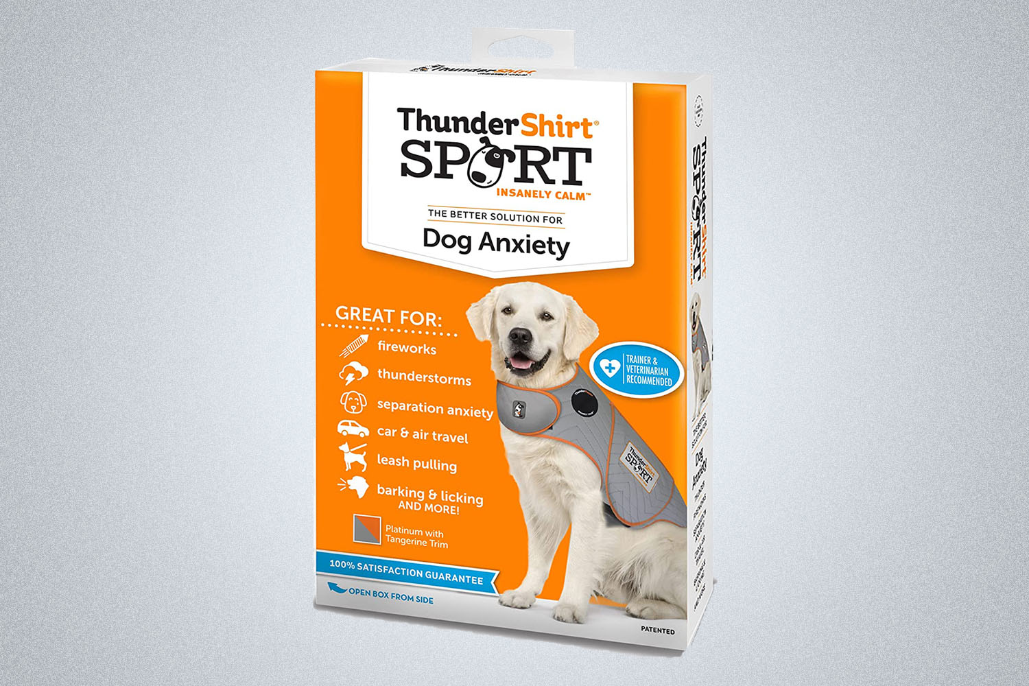 a ThunderShirt dog vest from Amazon on a grey background