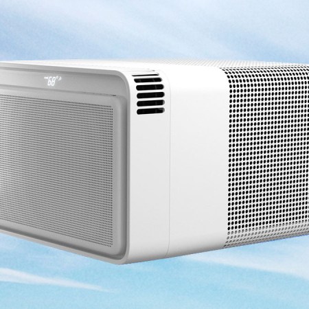 The Windmill AC unit, a sleek, modern window air conditioner, on a background of clouds