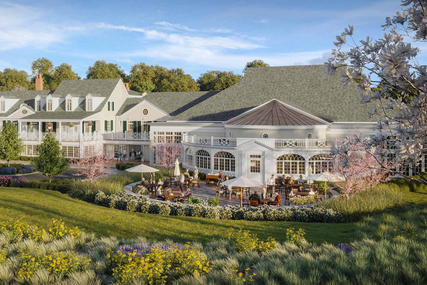 The new Canoe Place Inn & Cottages in the Hamptons with lush gardens surrounding the lodging