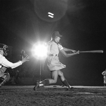 Dottie Schroeder was the only player to play all 12 years in the AAGPBL, batting here for the Fort Wayne Daisies.