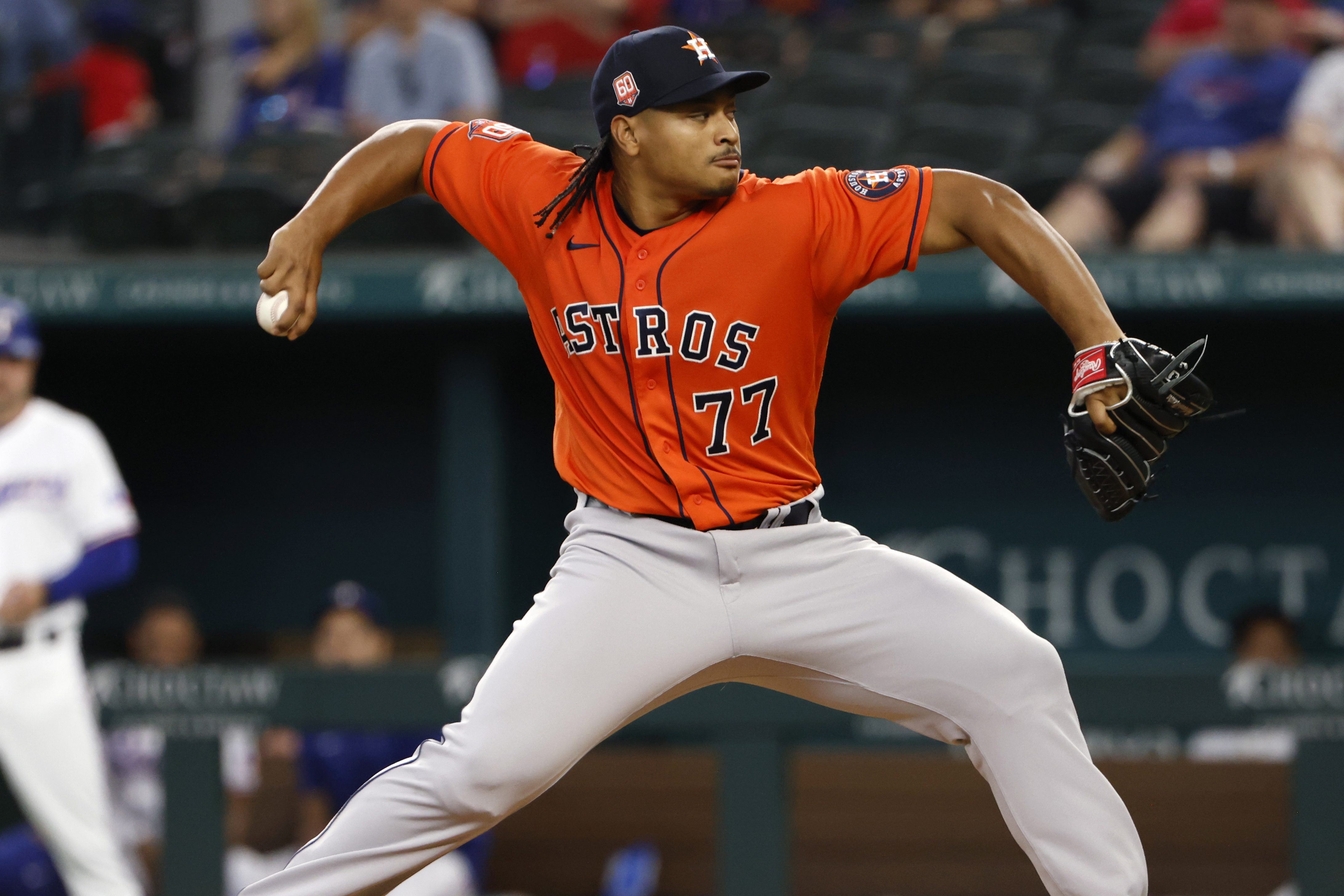 Luis Garcia of the Houston Astros pitches against the Texas Rangers. He and Phil Maton both threw immaculate innings.