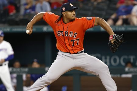 Luis Garcia of the Houston Astros pitches against the Texas Rangers. He and Phil Maton both threw immaculate innings.
