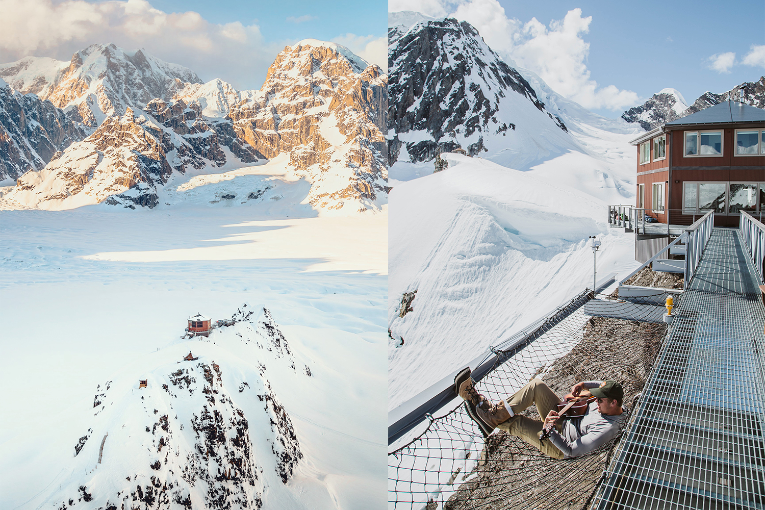 Two photos of Sheldon Chalet in Alaska, one from far away and one close up with a man playing the guitar