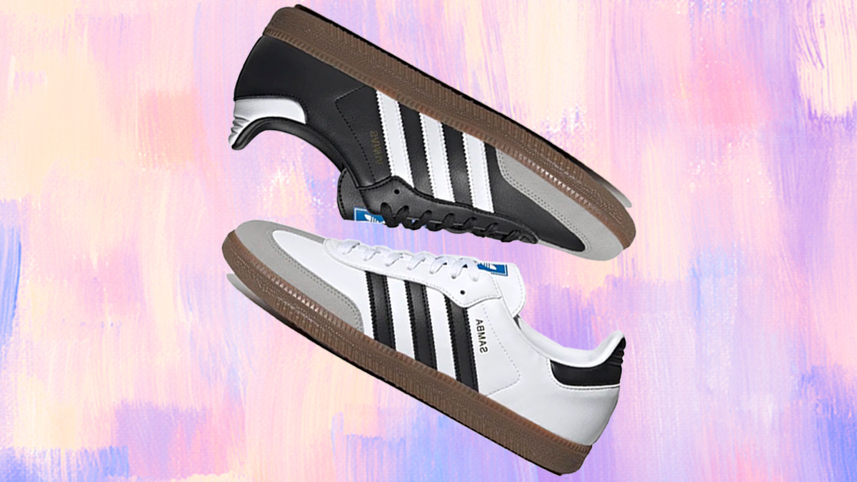 two Adidas Samba sneakers in black and white on a colored pastel background