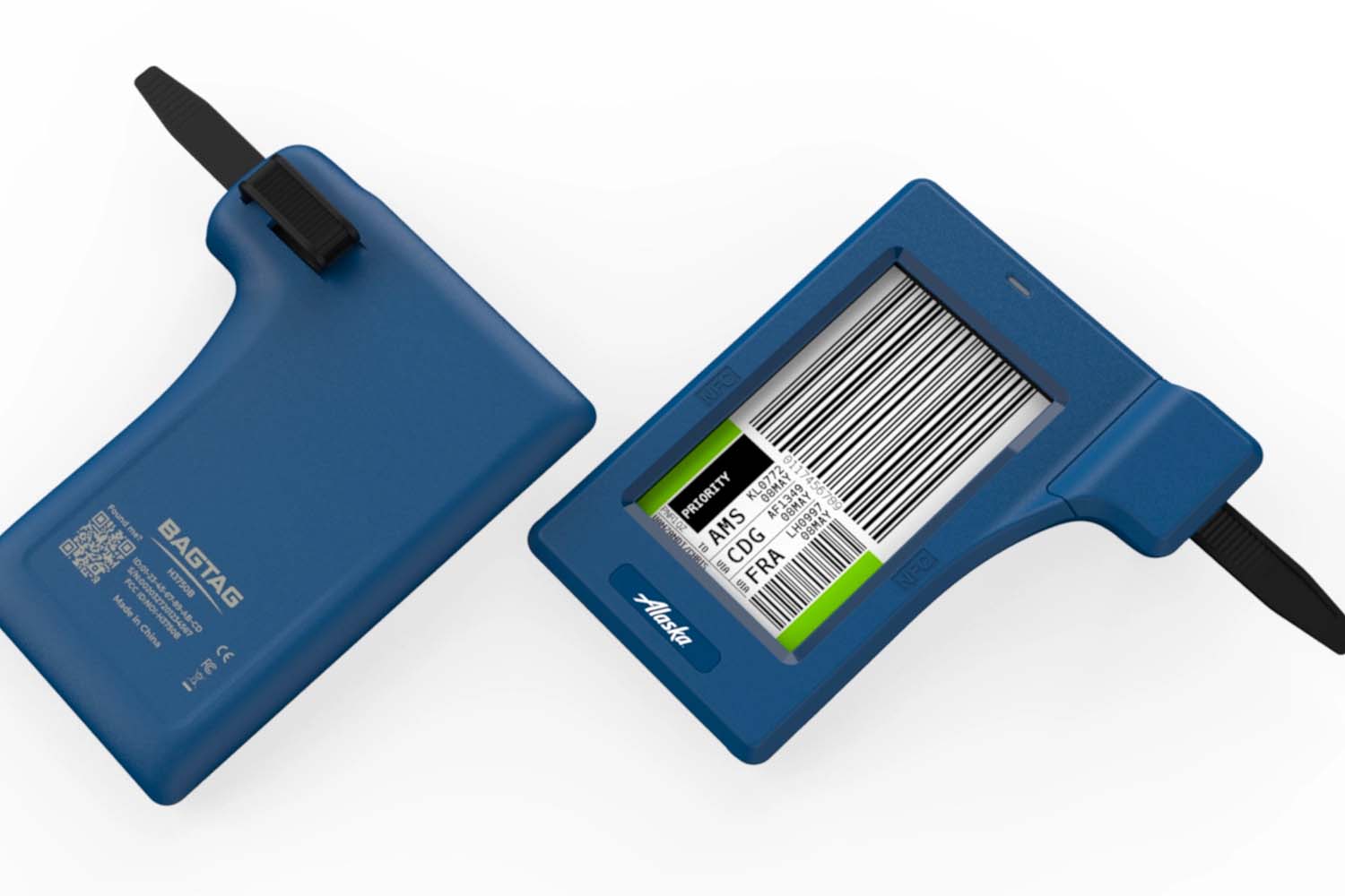 A photo of the front and back of the electronic bag tags coming to Alaska Airlines