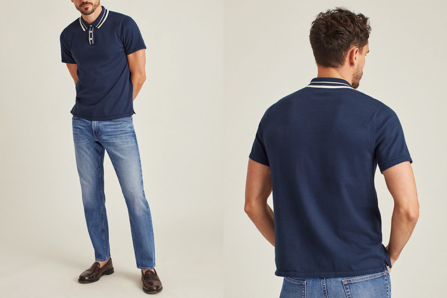 Two side-by-side tan-background model shots from Bonobos featuring a navy blue sweater polo