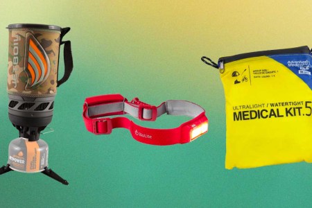 Jetboil Flash Cooking System, BioLite HeadLamp 330 and Adventure Medical Kits Ultralight/Watertight .5 Medical Kit are some of the things to pack for your first backpacking trip.