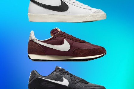 a collage of Nike sneakers on a mutli-shade blue background