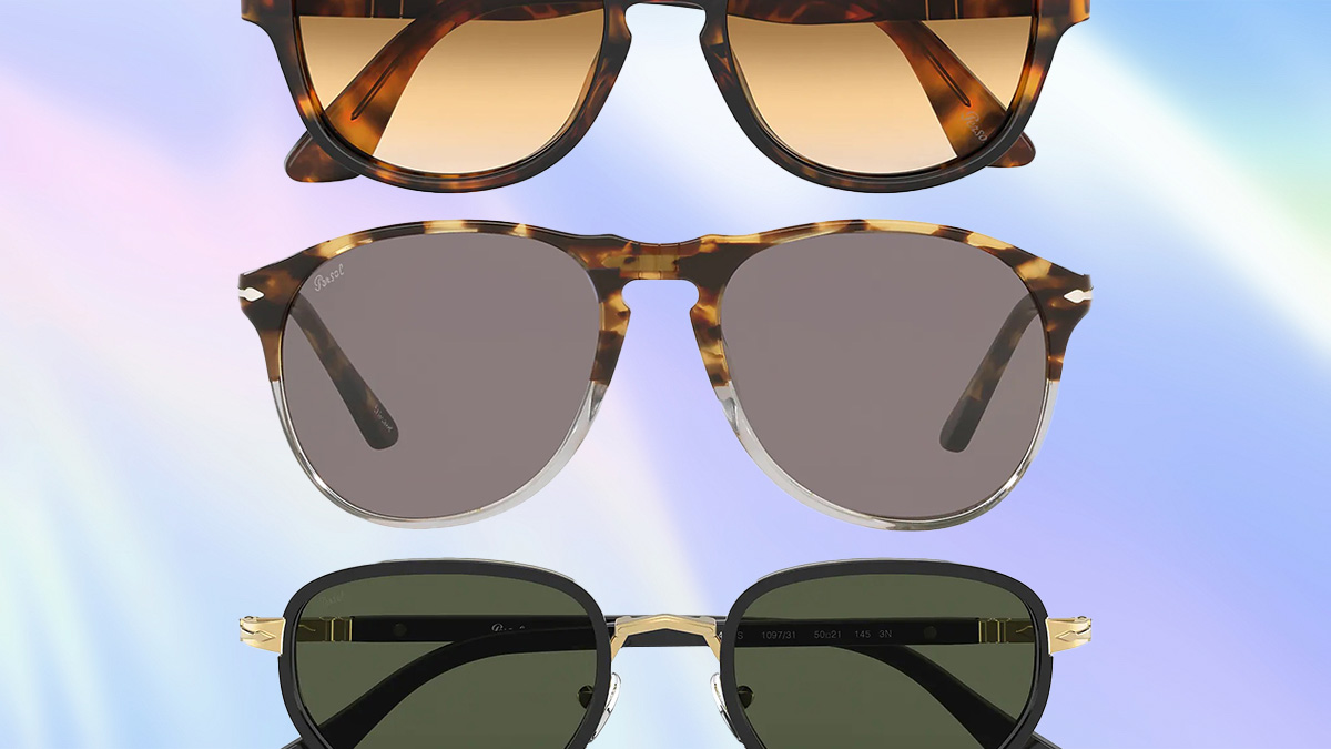 A collage of Persol sunglasses on a iridescent background
