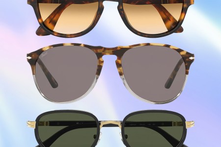 A collage of Persol sunglasses on a iridescent background