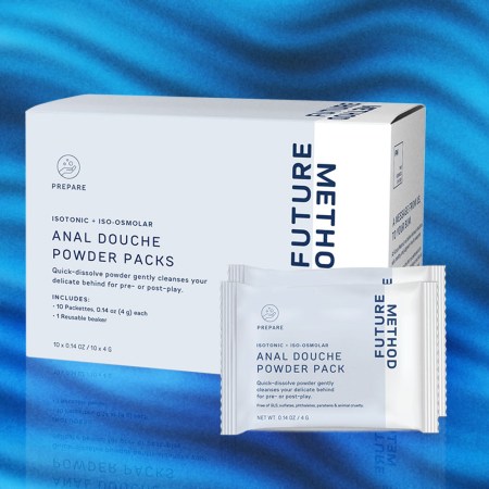 Future Method's Anal Douche Powder Packs displayed on a blue background