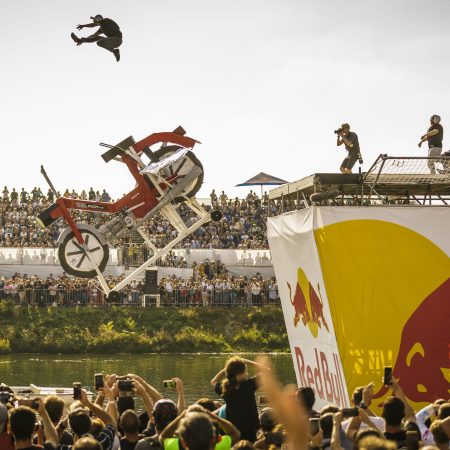 The winners of the Red Bull Flugtag in 2021 in Vienna take the plunge