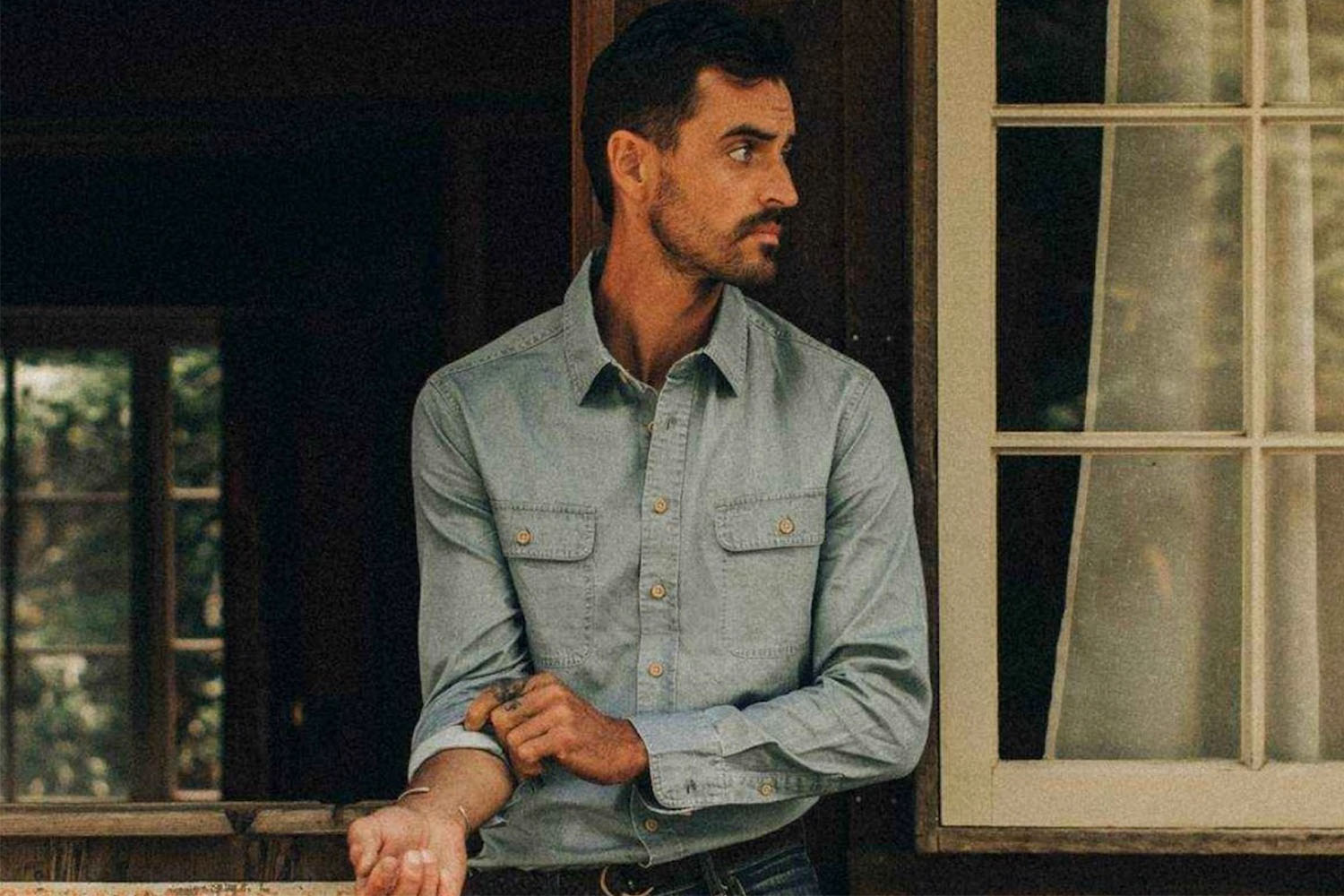 a model in the Taylor Stitch The Ledge Shirt