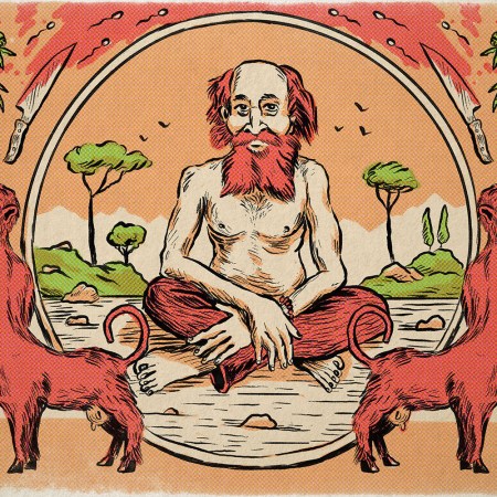 An illustration show Ior Bock seated in a meditative pose against the Scandinavian coastline