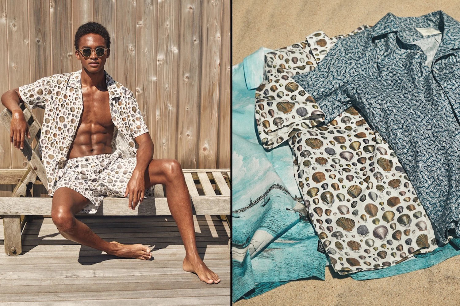 two shots of a model sitting in a chair and a stack of shirts, both from the Todd Snyder x John Derian collection