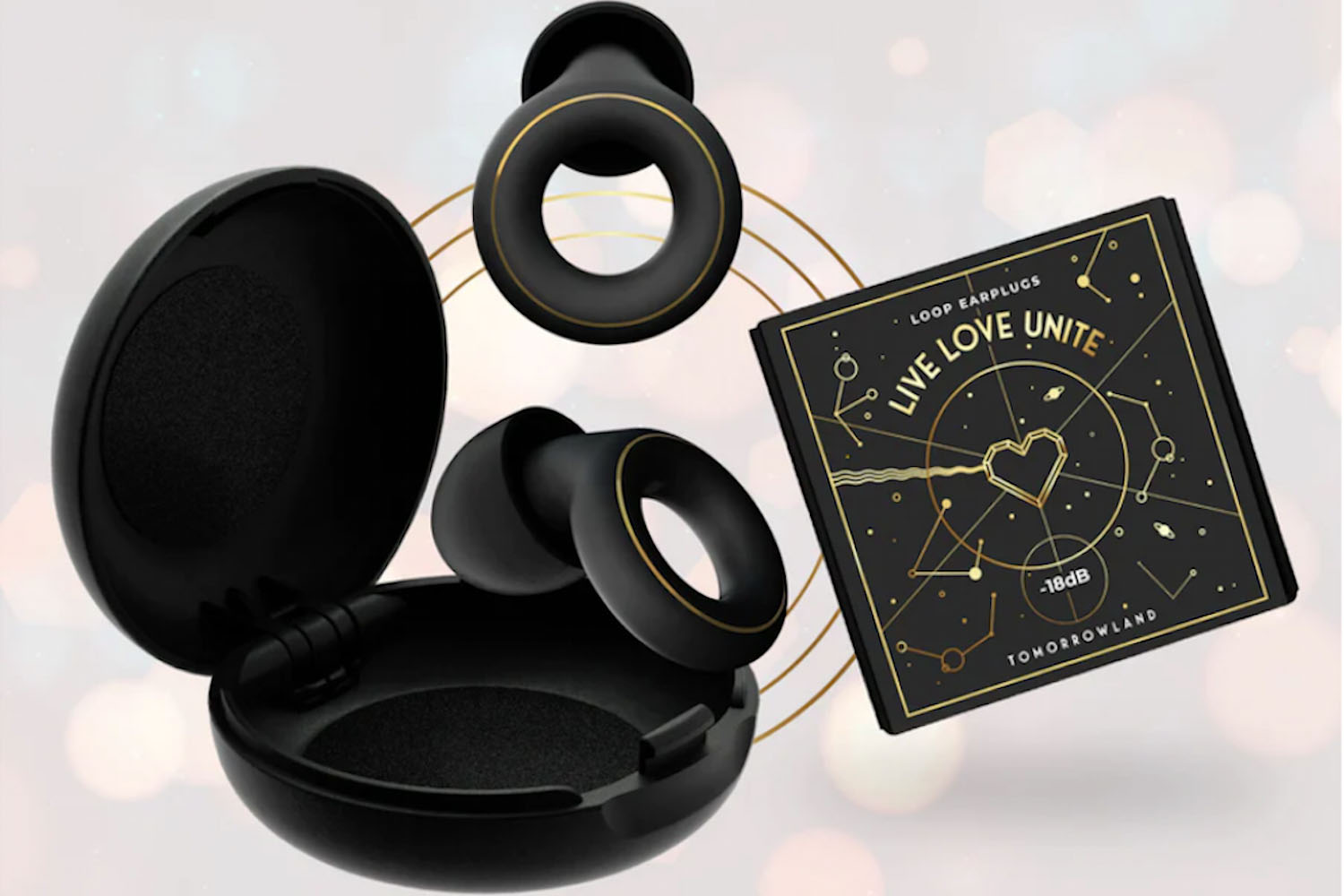 a pair of ringed earbuds and their case from Tomorrowland